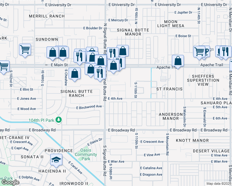 map of restaurants, bars, coffee shops, grocery stores, and more near 10830 East Azalea Avenue in Mesa