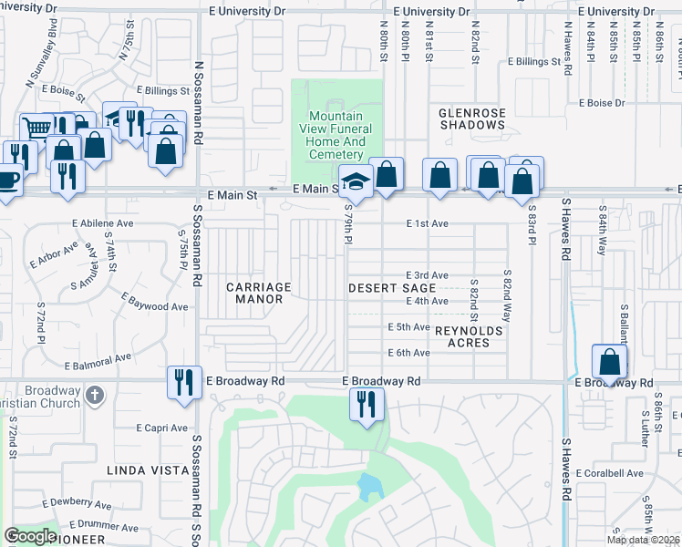 map of restaurants, bars, coffee shops, grocery stores, and more near 7918 East 3rd Avenue in Mesa