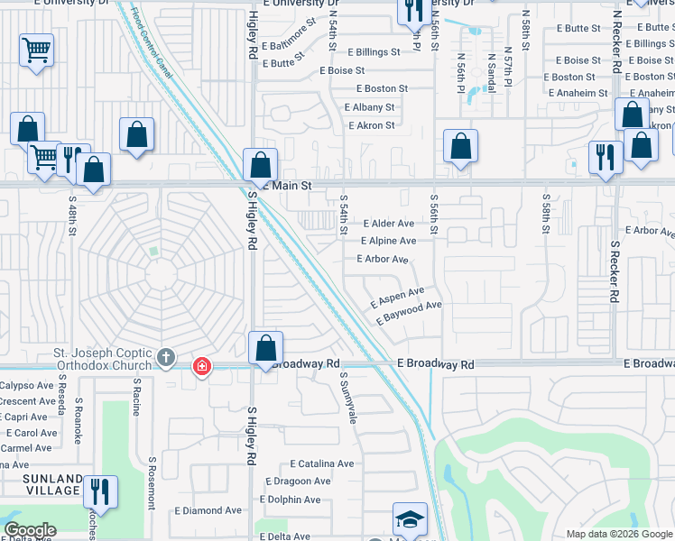 map of restaurants, bars, coffee shops, grocery stores, and more near 5346 East Arbor Circle in Mesa