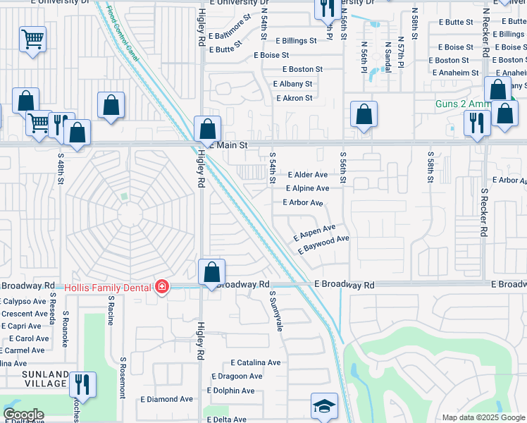 map of restaurants, bars, coffee shops, grocery stores, and more near 5346 East Arbor Circle in Mesa