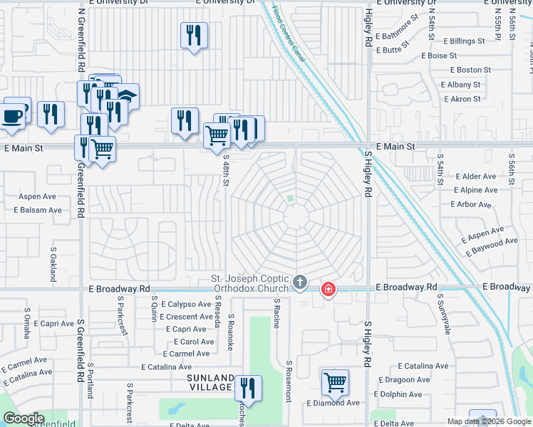 map of restaurants, bars, coffee shops, grocery stores, and more near 201 East Merlin Place in Mesa