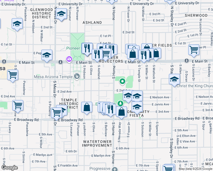 map of restaurants, bars, coffee shops, grocery stores, and more near 750 East Dana Avenue in Mesa