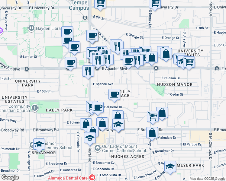 map of restaurants, bars, coffee shops, grocery stores, and more near 1411 South Bonarden Lane in Tempe