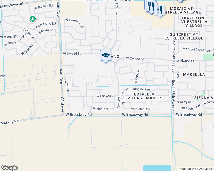 map of restaurants, bars, coffee shops, grocery stores, and more near 3927 South 79th Lane in Phoenix