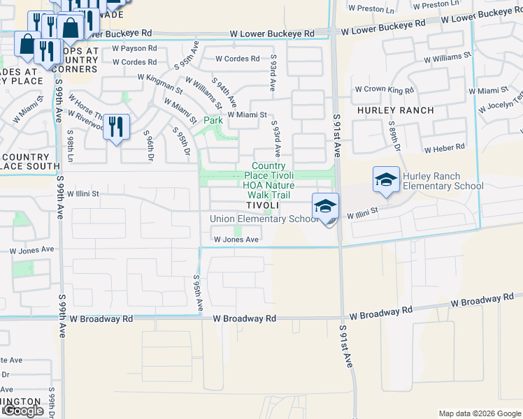 map of restaurants, bars, coffee shops, grocery stores, and more near 9304 West Raymond Street in Tolleson