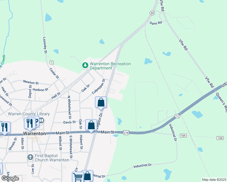 map of restaurants, bars, coffee shops, grocery stores, and more near 102 Amber Run Court in Warrenton