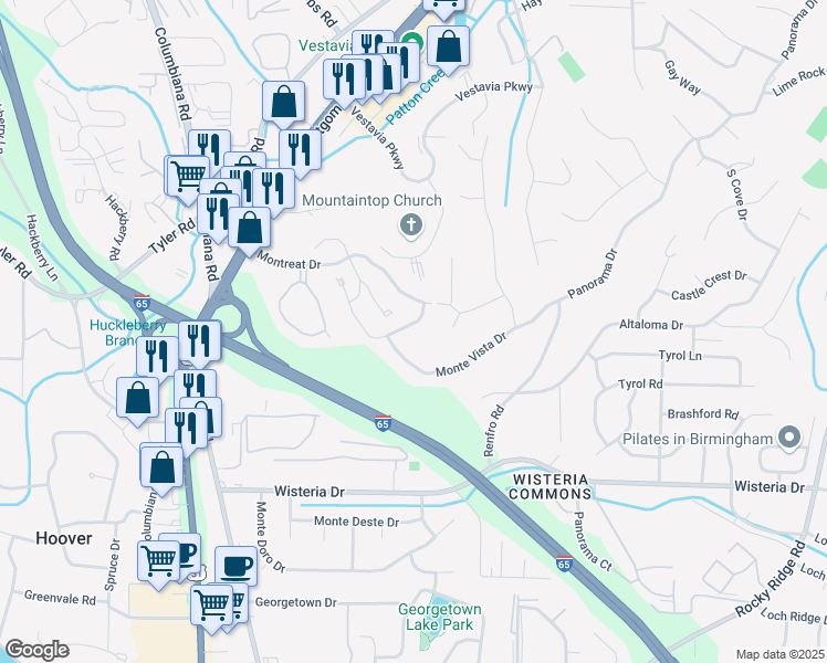map of restaurants, bars, coffee shops, grocery stores, and more near 2154 Montreat Parkway in Vestavia Hills