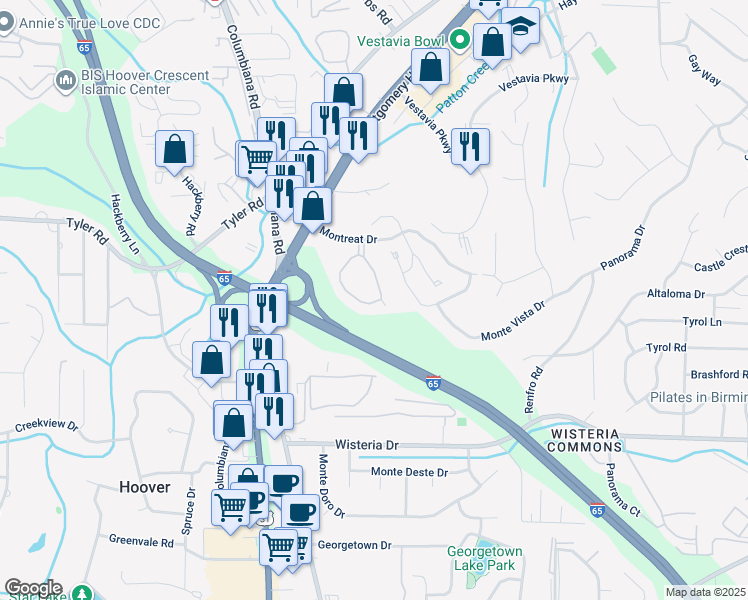 map of restaurants, bars, coffee shops, grocery stores, and more near 2079 Montreat Circle in Vestavia Hills