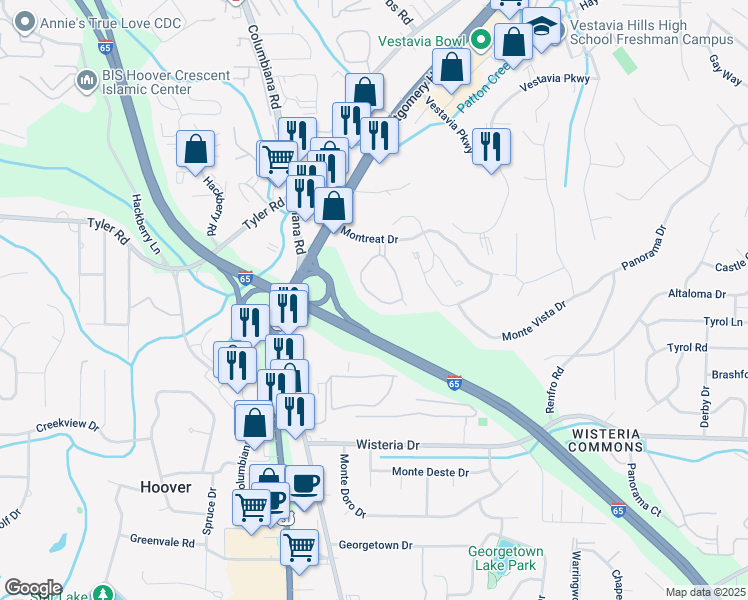 map of restaurants, bars, coffee shops, grocery stores, and more near 2079 Montreat Circle in Vestavia Hills