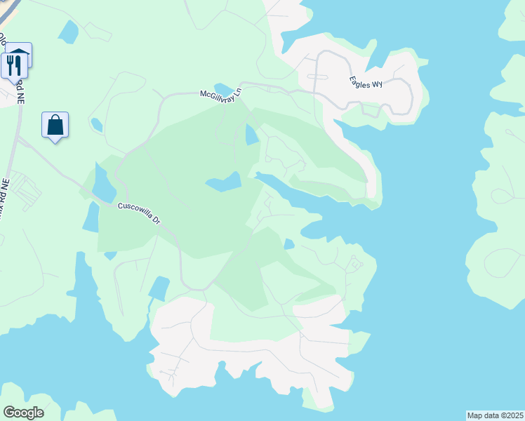 map of restaurants, bars, coffee shops, grocery stores, and more near 405 Cuscowilla Drive in Eatonton