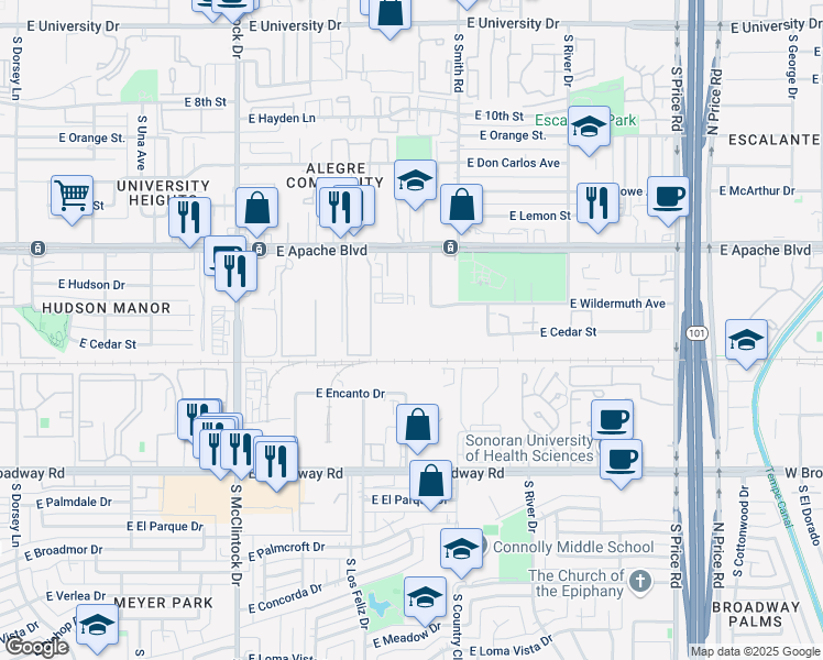 map of restaurants, bars, coffee shops, grocery stores, and more near 1975 East Wildermuth Avenue in Tempe