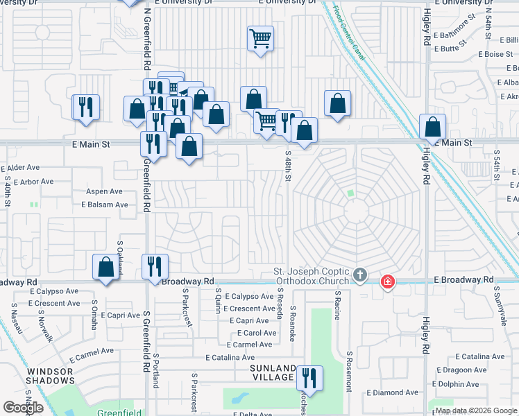 map of restaurants, bars, coffee shops, grocery stores, and more near Nectarine in Mesa