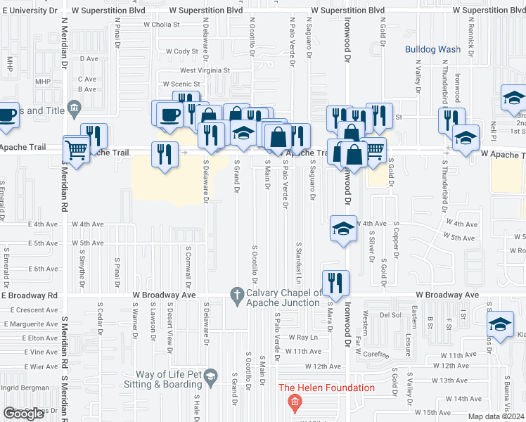 map of restaurants, bars, coffee shops, grocery stores, and more near 320 South Main Drive in Apache Junction