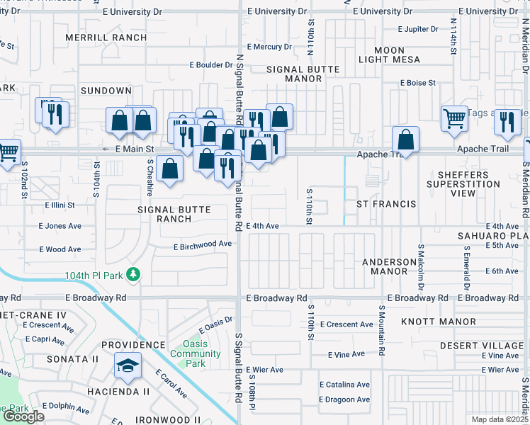 map of restaurants, bars, coffee shops, grocery stores, and more near 10830 East Azalea Avenue in Mesa