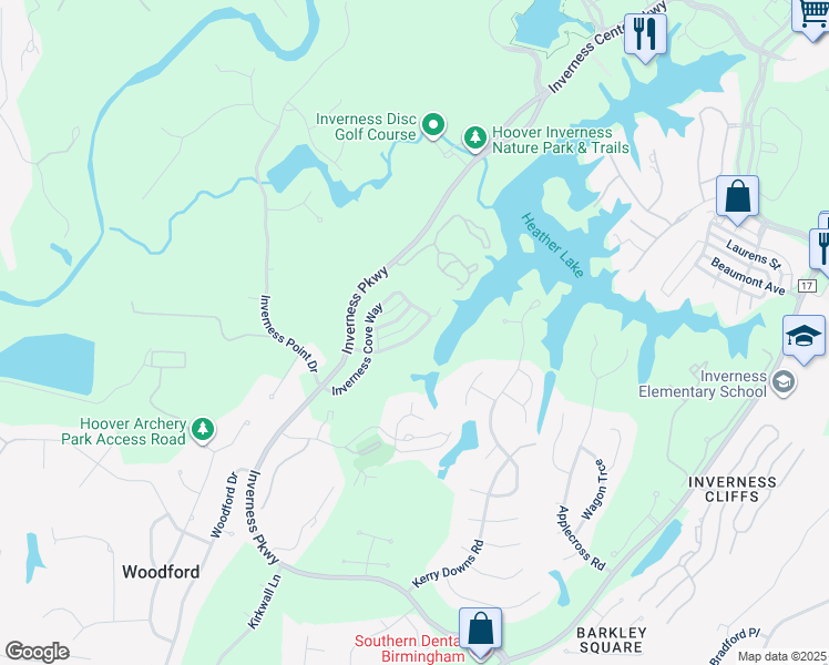 map of restaurants, bars, coffee shops, grocery stores, and more near 1315 Inverness Cove Drive in Birmingham