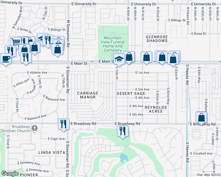 map of restaurants, bars, coffee shops, grocery stores, and more near 7750 East Broadway Road in Mesa