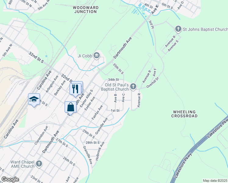 map of restaurants, bars, coffee shops, grocery stores, and more near 3301 Avenue B in Bessemer