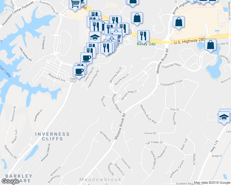 map of restaurants, bars, coffee shops, grocery stores, and more near 1704 Morning Sun Drive in Meadowbrook