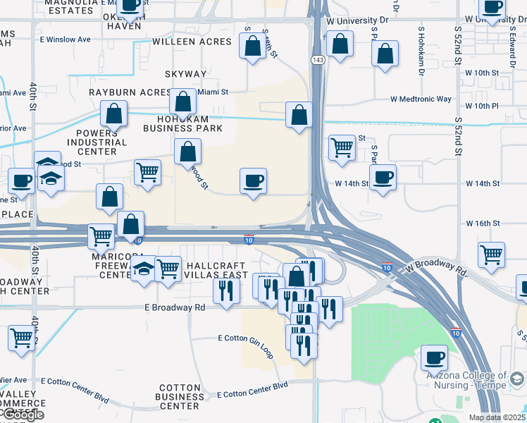 map of restaurants, bars, coffee shops, grocery stores, and more near 4615 East Elwood Street in Phoenix