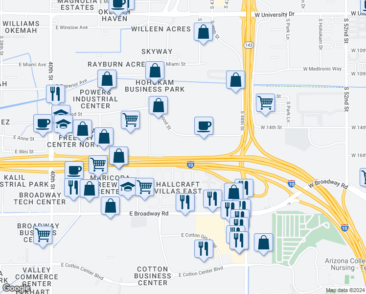 map of restaurants, bars, coffee shops, grocery stores, and more near 4555 East Elwood Street in Phoenix