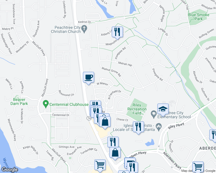 map of restaurants, bars, coffee shops, grocery stores, and more near 603 West Manor in Peachtree City