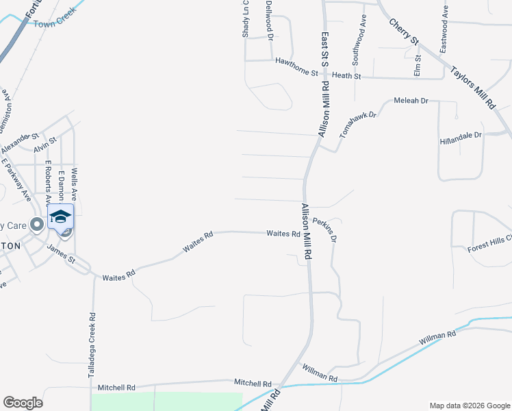 map of restaurants, bars, coffee shops, grocery stores, and more near 114 Ridgeview Road in Talladega
