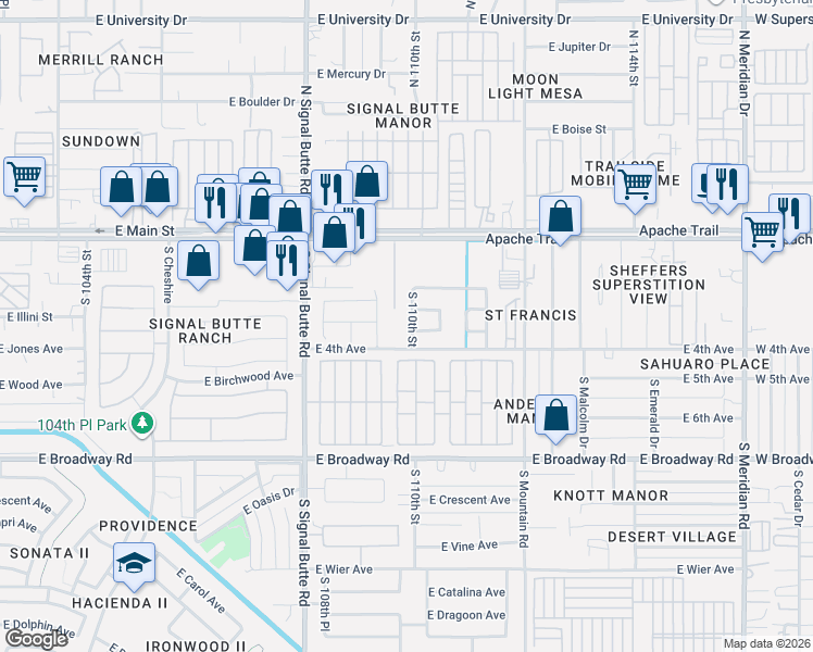 map of restaurants, bars, coffee shops, grocery stores, and more near 130 South 110th Street in Mesa