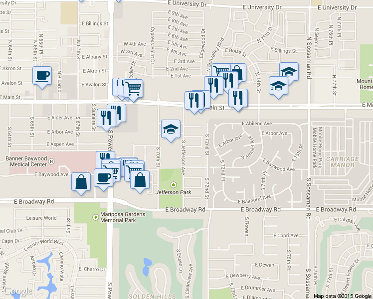 map of restaurants, bars, coffee shops, grocery stores, and more near 7110 East Aspen Avenue in Mesa