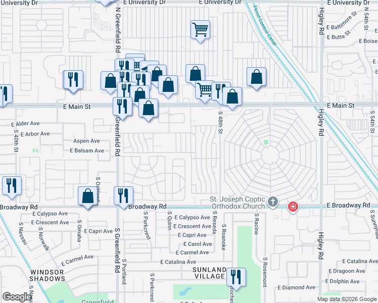 map of restaurants, bars, coffee shops, grocery stores, and more near Kelly Lane in Mesa