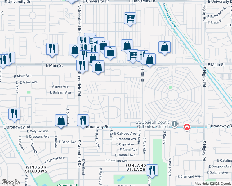 map of restaurants, bars, coffee shops, grocery stores, and more near 111 South Greenfield Road in Mesa