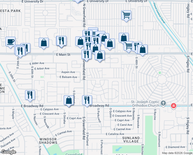 map of restaurants, bars, coffee shops, grocery stores, and more near Candice Lane in Mesa