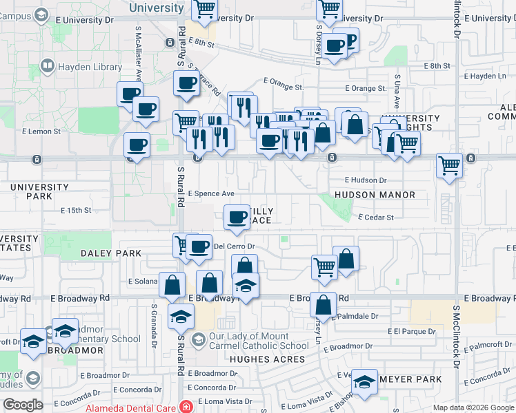 map of restaurants, bars, coffee shops, grocery stores, and more near 1415 South Terrace Road in Tempe