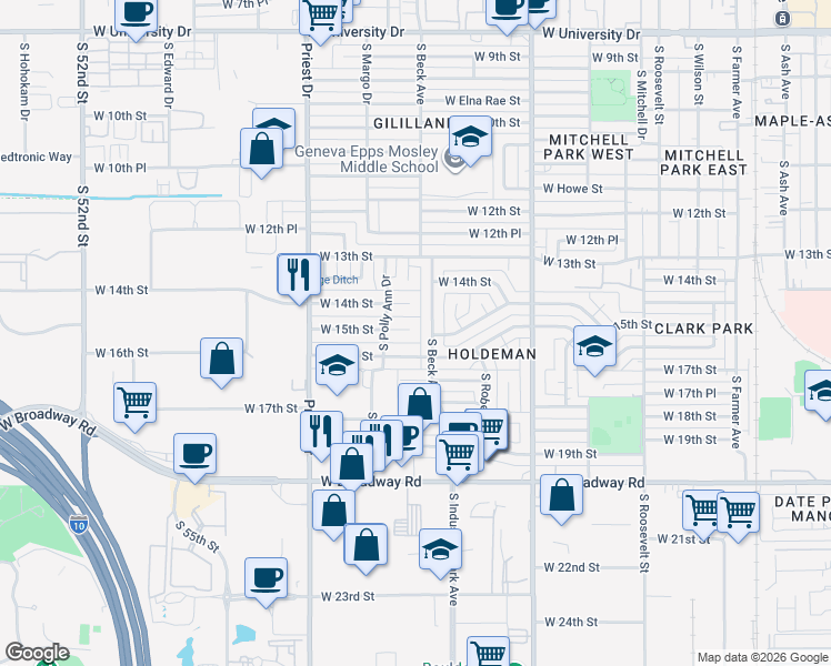 map of restaurants, bars, coffee shops, grocery stores, and more near 1212 West 15th Street in Tempe