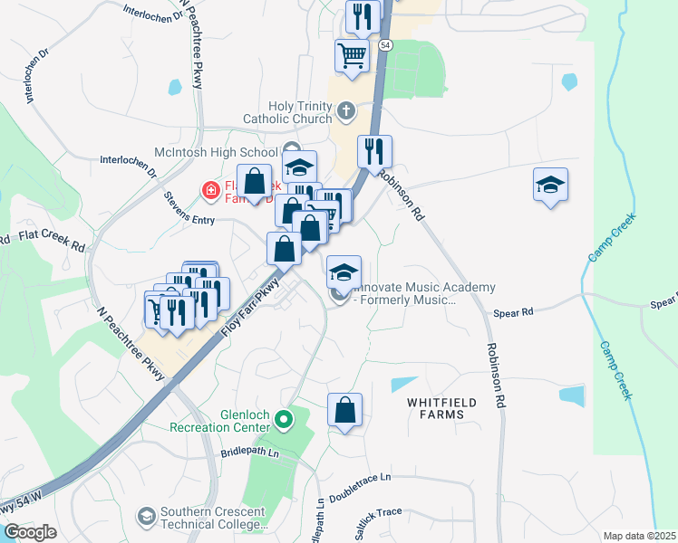 map of restaurants, bars, coffee shops, grocery stores, and more near 109 Petrol Point in Peachtree City