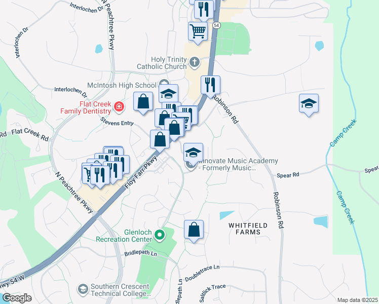 map of restaurants, bars, coffee shops, grocery stores, and more near 109 Petrol Point in Peachtree City