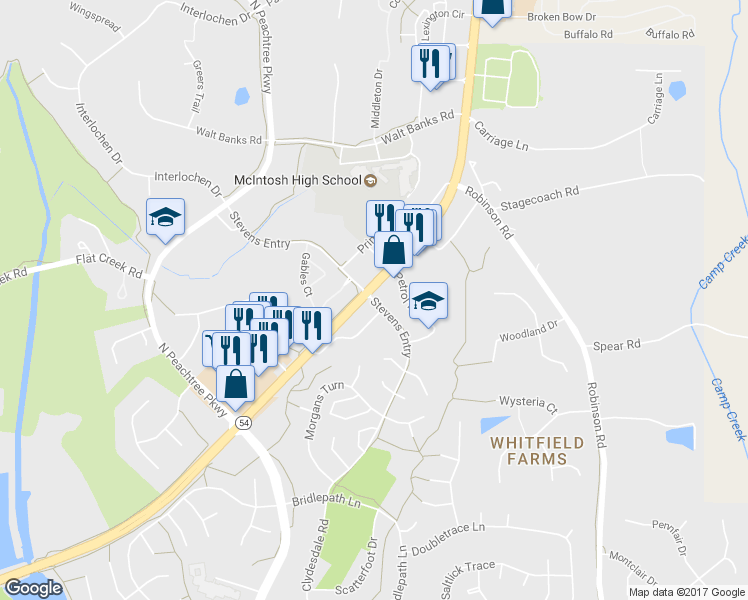 map of restaurants, bars, coffee shops, grocery stores, and more near 647 Stevens Entry in Peachtree City