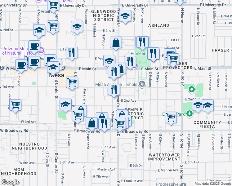 map of restaurants, bars, coffee shops, grocery stores, and more near 120 South Mesa Drive in Mesa