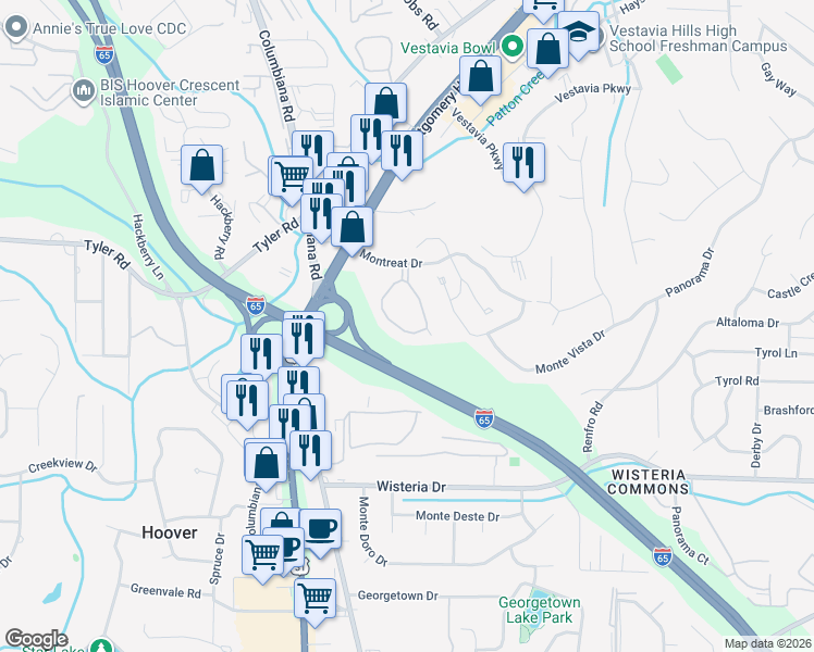 map of restaurants, bars, coffee shops, grocery stores, and more near 2079 Montreat Circle in Vestavia Hills