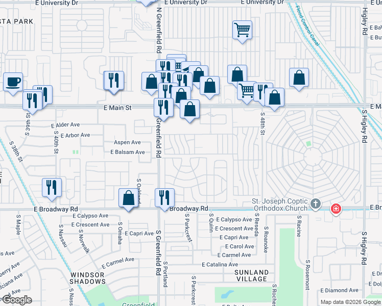 map of restaurants, bars, coffee shops, grocery stores, and more near Ironwood in Mesa
