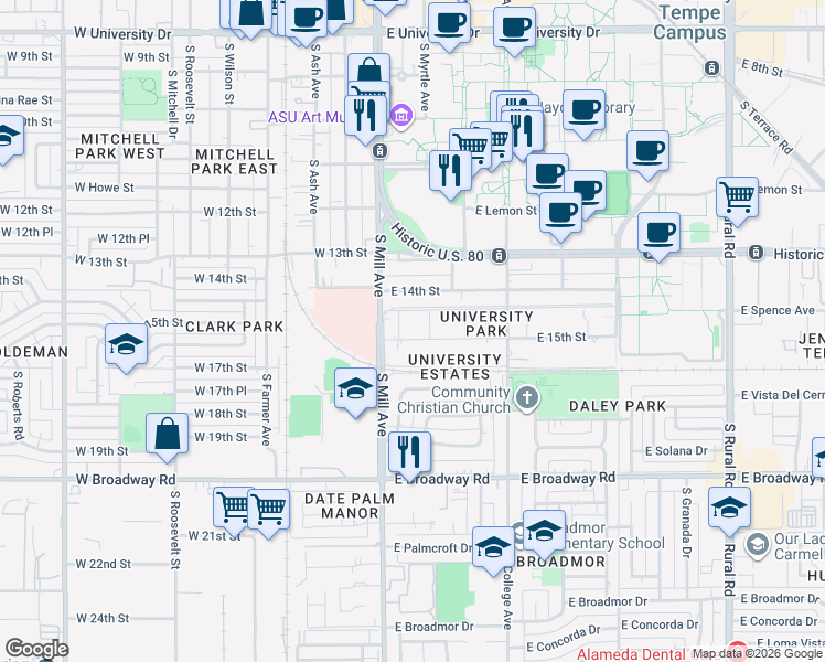 map of restaurants, bars, coffee shops, grocery stores, and more near 23 East Parkway Boulevard in Tempe