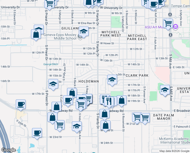map of restaurants, bars, coffee shops, grocery stores, and more near 900 West 16th Street in Tempe