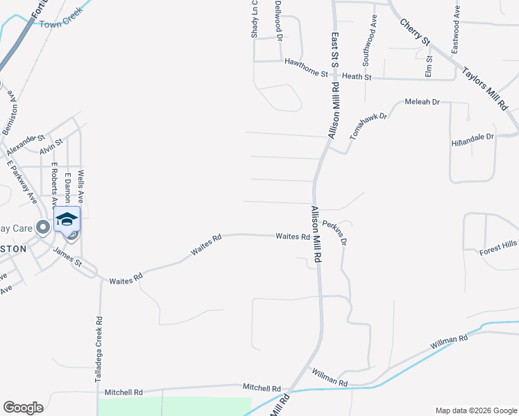 map of restaurants, bars, coffee shops, grocery stores, and more near 114 Ridgeview Road in Talladega