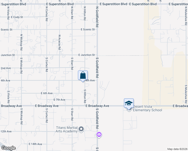 map of restaurants, bars, coffee shops, grocery stores, and more near 250s South Goldfield Road in Apache Junction
