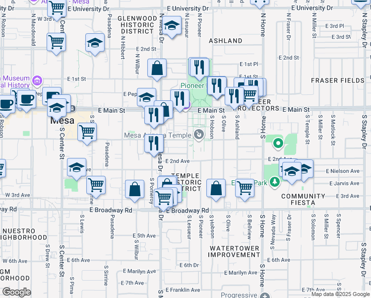 map of restaurants, bars, coffee shops, grocery stores, and more near 116 South Lesueur in Mesa