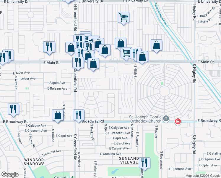 map of restaurants, bars, coffee shops, grocery stores, and more near 111 South Greenfield Road in Mesa