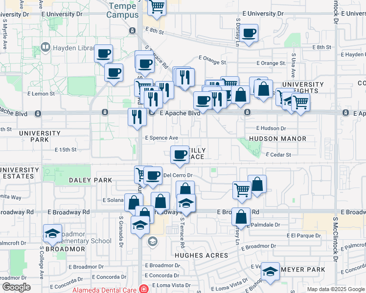 map of restaurants, bars, coffee shops, grocery stores, and more near 1411 South Bonarden Lane in Tempe