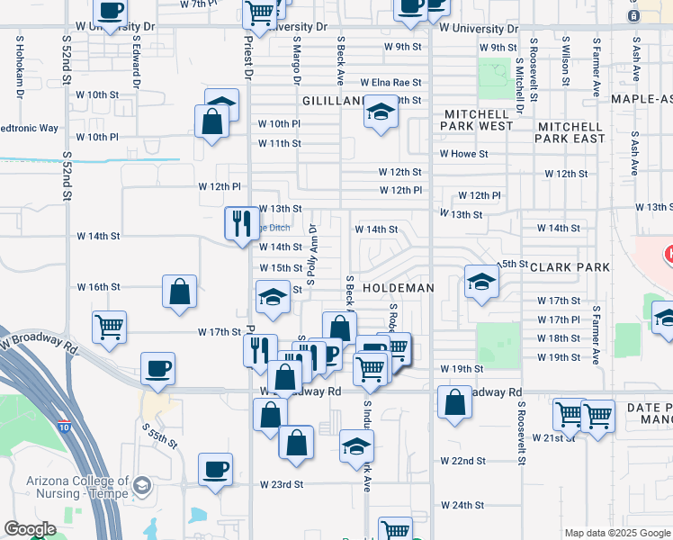 map of restaurants, bars, coffee shops, grocery stores, and more near 1212 West 15th Street in Tempe