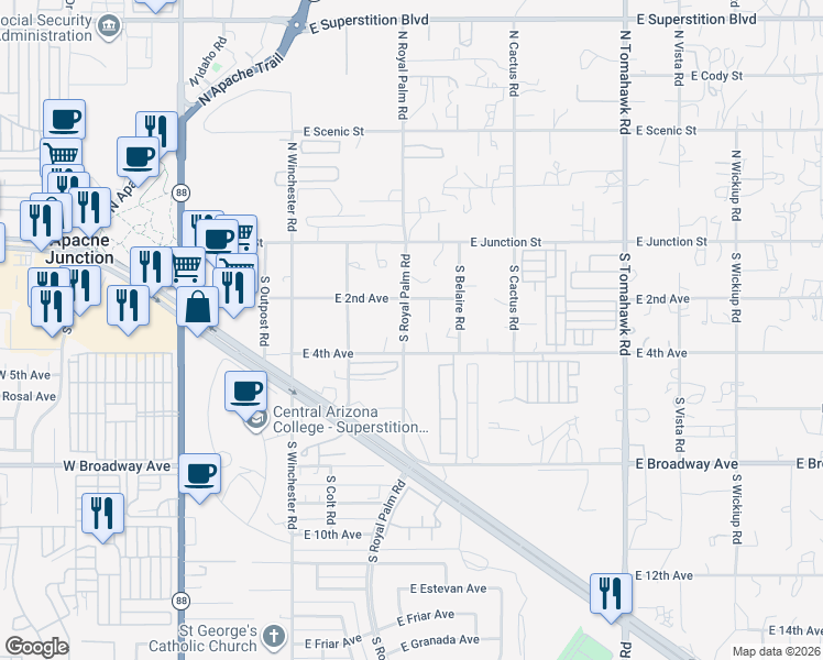 map of restaurants, bars, coffee shops, grocery stores, and more near 277 South Royal Palm Road in Apache Junction