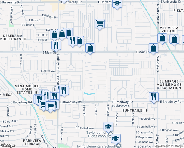 map of restaurants, bars, coffee shops, grocery stores, and more near 3104 East Broadway Road in Mesa