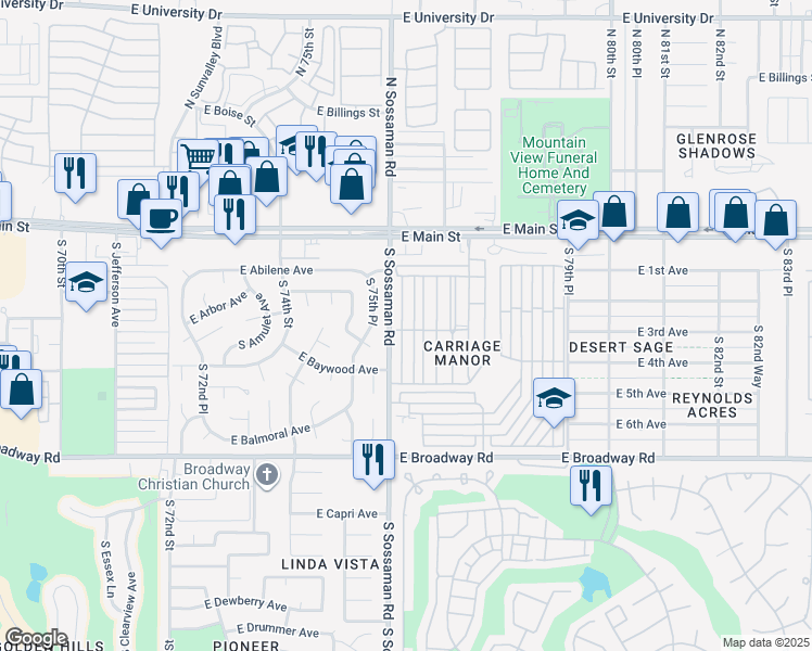 map of restaurants, bars, coffee shops, grocery stores, and more near 7807 East Main Street in Mesa